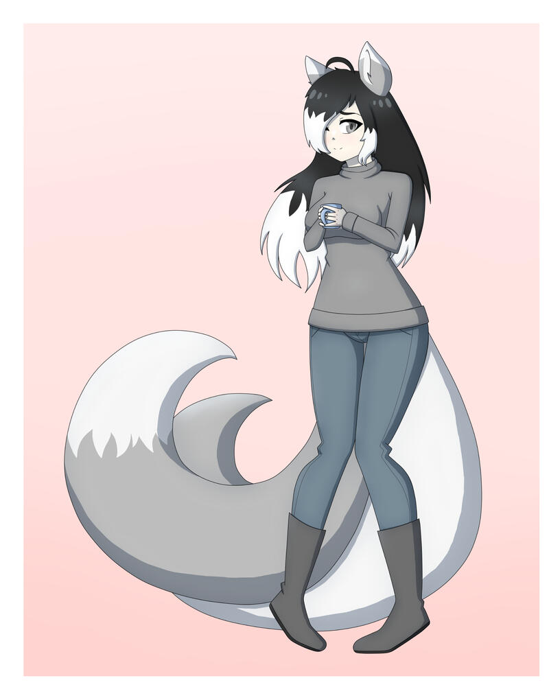 A full render of my OC, Secret, holding a cup